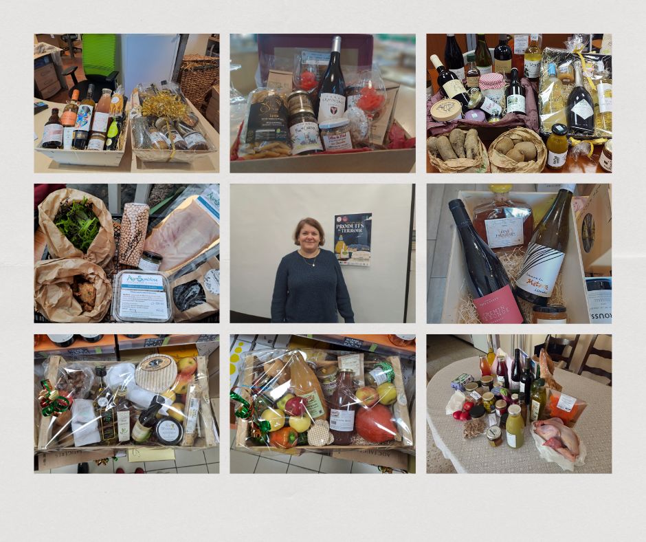 Véronique la gagnante du concours et les paniers de produits locaux qu'elle a reçu tout au long de l'année 2025