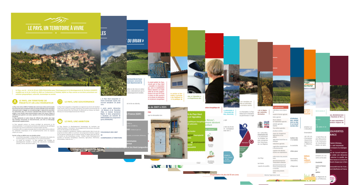 Fiches Présentation_Pays_HLV_2026 Visuel où l'on voit toutes les nouvelles fiches de présentations du Pays, de ses projets et de ses missions mises à jour