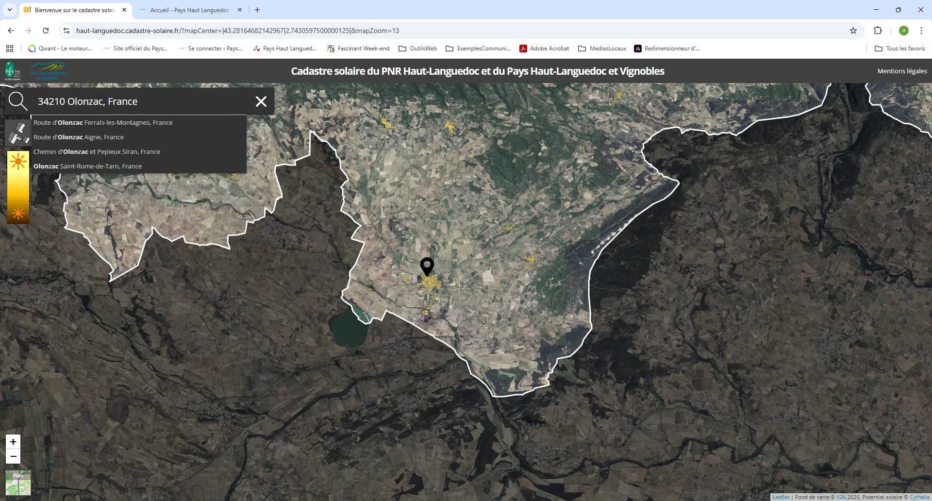 la ville d'Olonzac est indiquée avec un pictogramme bleu sur la carte du cadastre solaire du Pays HLV et du Parc NRHL