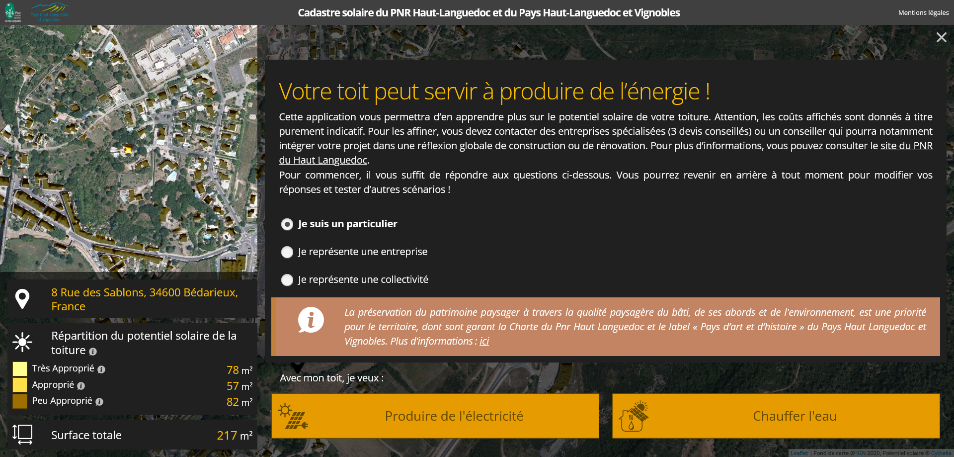 Aperçu écran d'une simulation faite dans la commune de Bédarieux