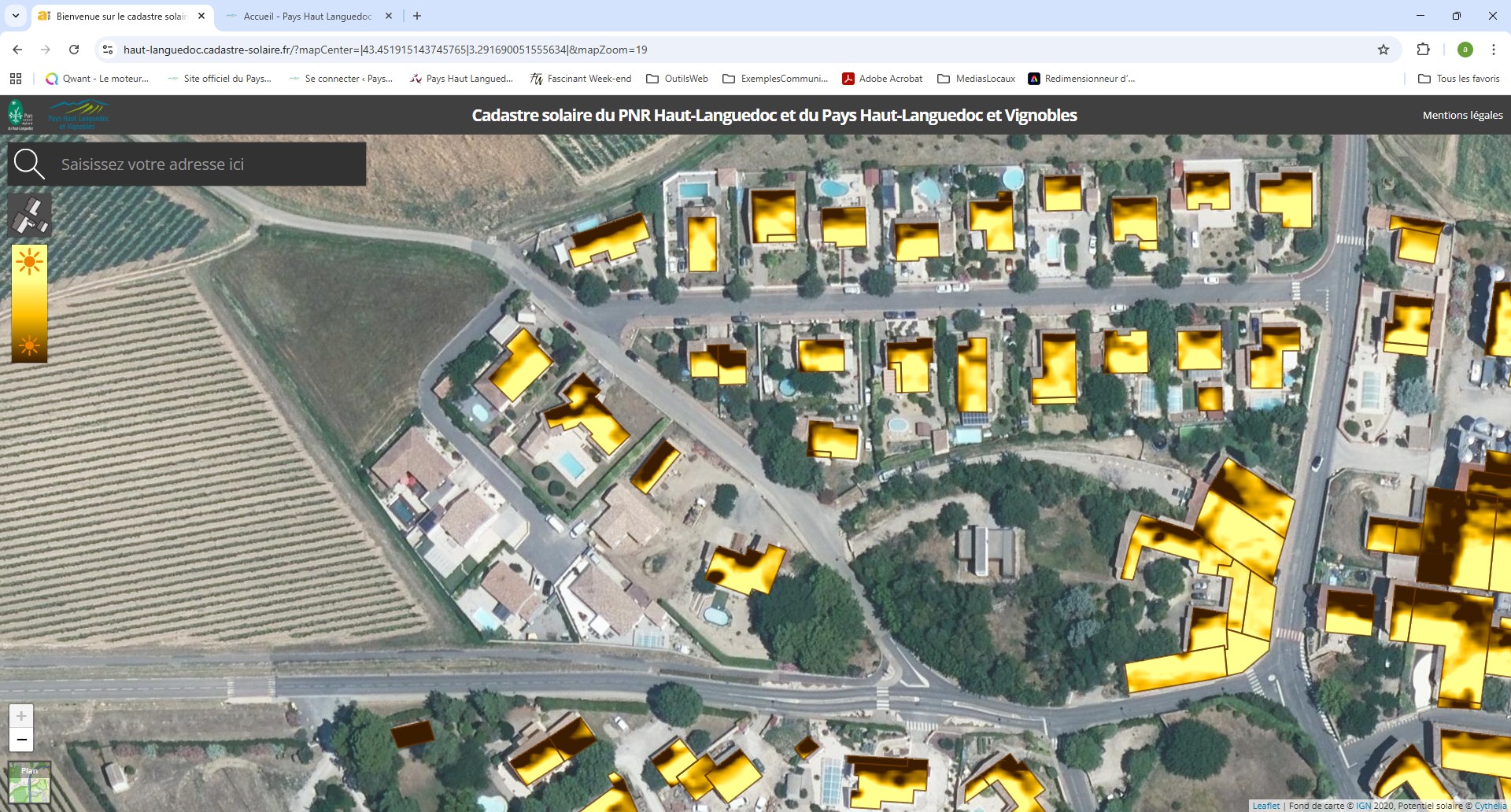 Aperçu écran du cadastre solaire au-dessus d'Abeilhan