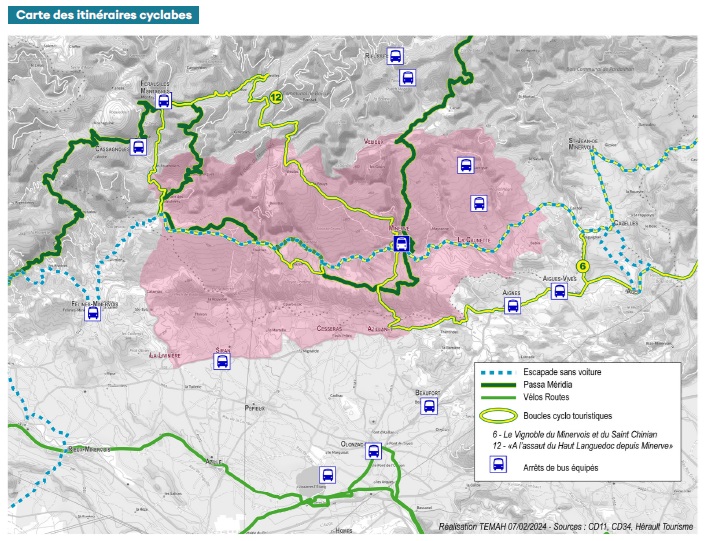 carte des itinéraires vélos, arrêt de bus équipés dans l'OGS Cité de Minerve, gorges de la Cesse et du Brian