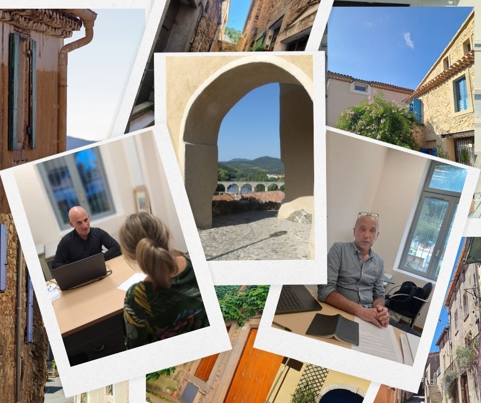on voit un mélange de photos avec les 3 permanences d'informations au premier niveau : l'ADIL, l'UDAP et le CAUE. derrière s'affichent pleins de photos dem aisons, de façades prises dans le territoire du Pays HLV